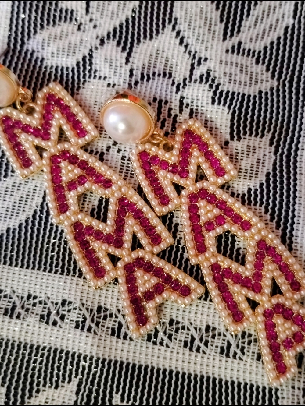 Pearl Top Drop Earrings with Fuchsia Crystal Letter Design🌷🌷